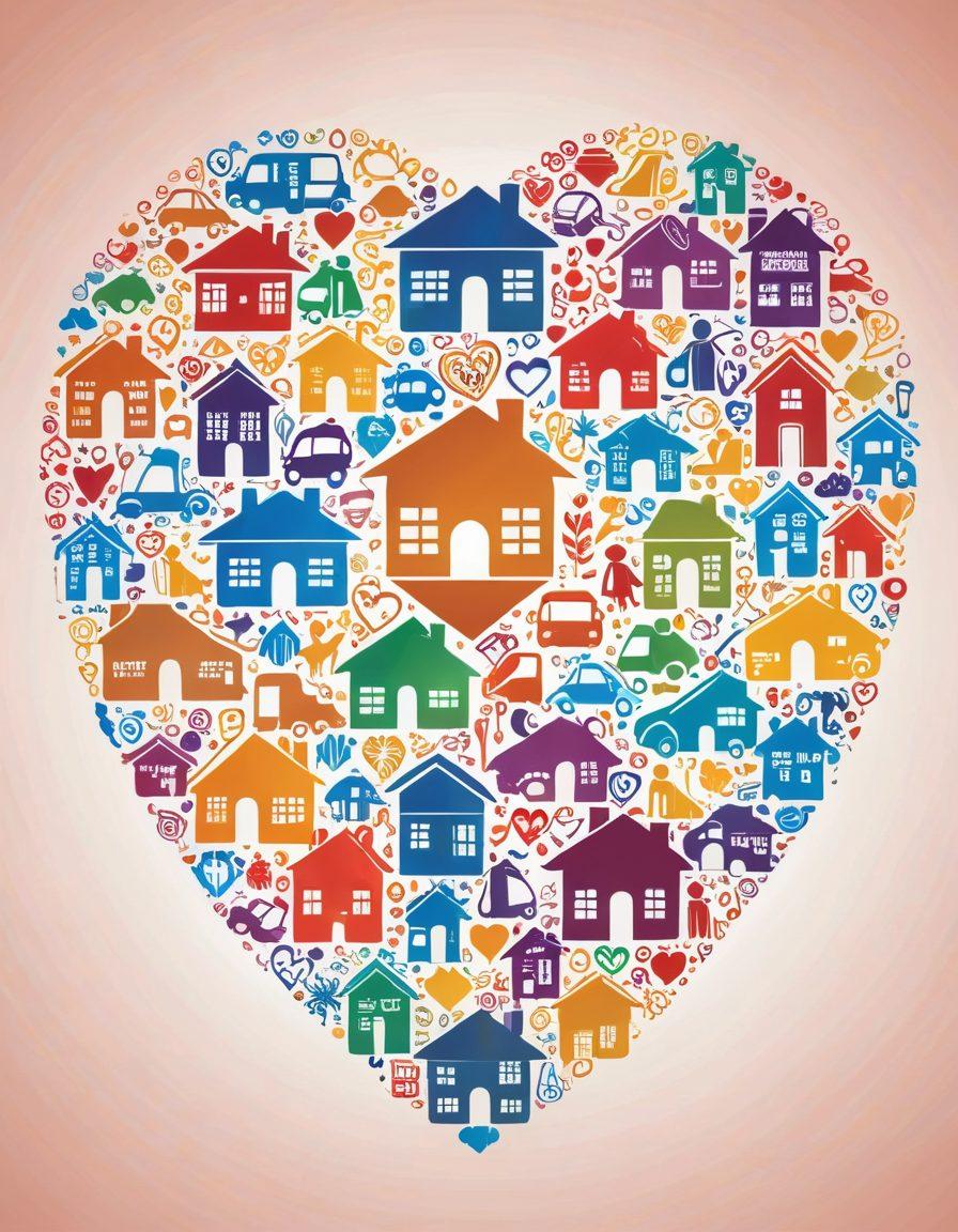 A symbolic heart made of diverse insurance icons like homes, cars, and health, intertwined with hands of different ethnicities reaching toward it. The background features a soft gradient of warm colors, representing love and security. Include subtle images of happy couples across various relationships, blending with the heart. vibrant colors. super-realistic.