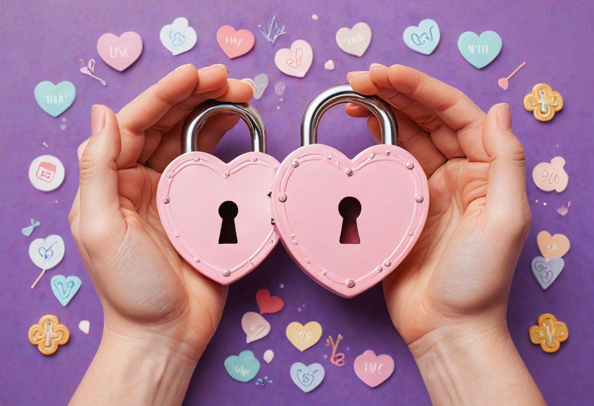 An illustration of two hands gently holding a heart-shaped lock, symbolizing love insurance. Surrounding the lock are glowing financial icons like coins, bills, and a security shield, representing protection and financial security. The background features soft, pastel colors that evoke warmth and trust, creating a serene atmosphere. This visual represents the concept of safeguarding personal relationships with financial peace of mind. vibrant colors. soft focus. digital illustration.